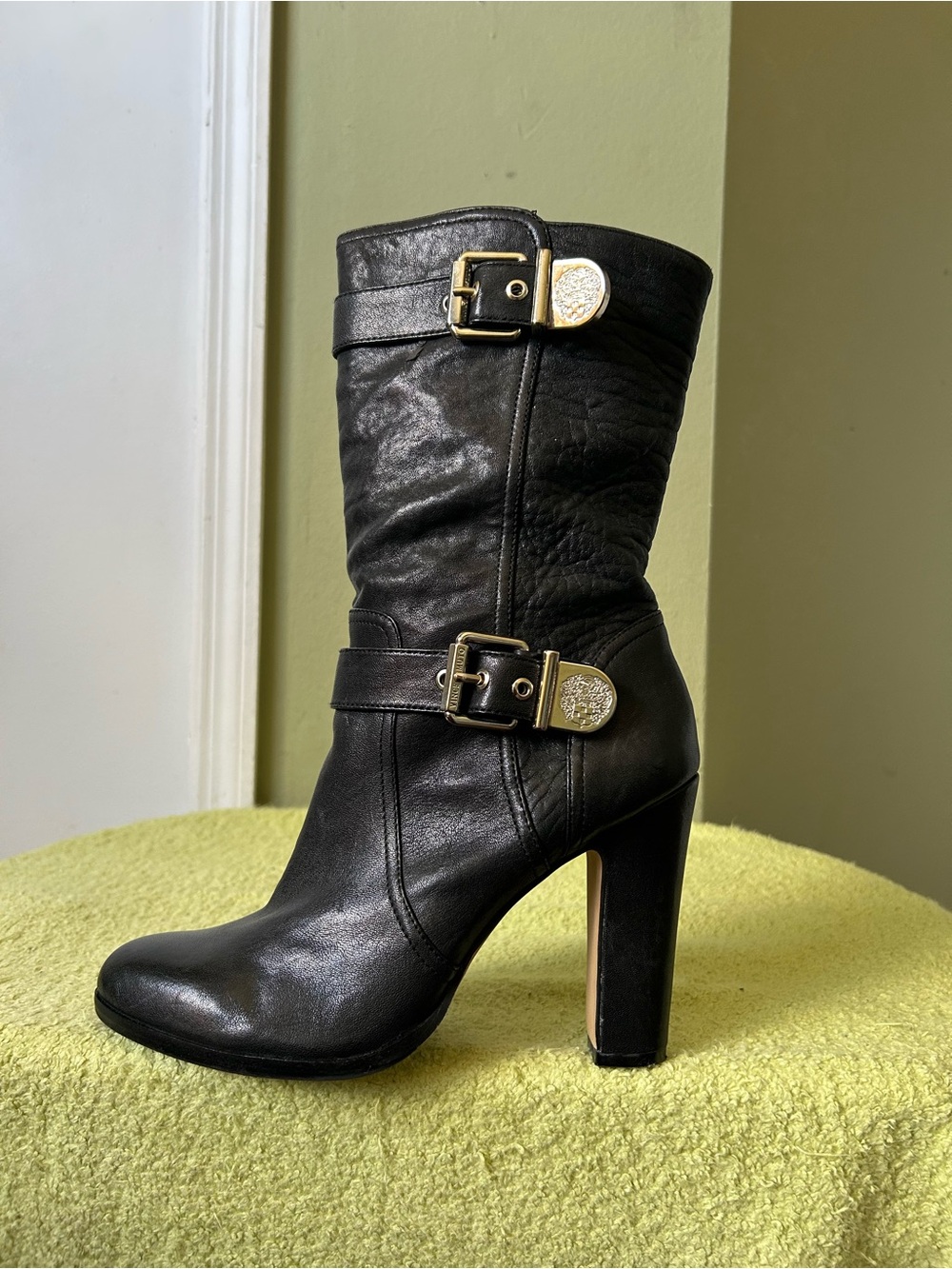 Vince Camuto Callison Leather Black Mid-Calf Buckle Moto Heel Boots